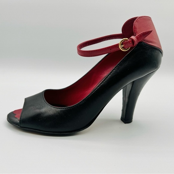 LOVE MOSCHINO PUMPS OPEN TOE LEATHER HEEL RED AND BLACK SHOE HEART SHAPE SIZE 38 - Picture 3 of 17